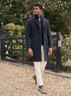 Navy Blue Signature Soft Touch Wool Rich Padded Italian Fabric Funnel Neck Coat