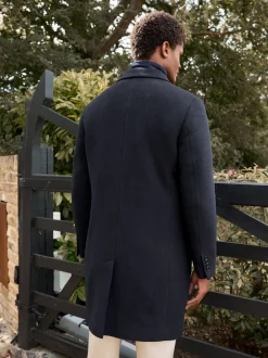Navy Blue Signature Soft Touch Wool Rich Padded Italian Fabric Funnel Neck Coat