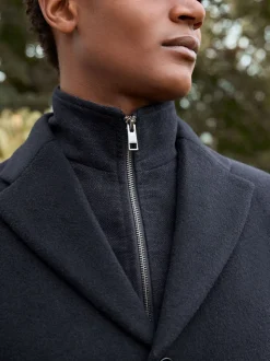 Navy Blue Signature Soft Touch Wool Rich Padded Italian Fabric Funnel Neck Coat