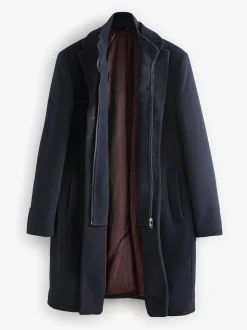 Navy Blue Signature Soft Touch Wool Rich Padded Italian Fabric Funnel Neck Coat