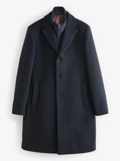 Navy Blue Signature Soft Touch Wool Rich Padded Italian Fabric Funnel Neck Coat