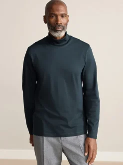 Navy Blue Signature SUPIMA® Cotton Long Sleeve Roll Neck T-Shirt