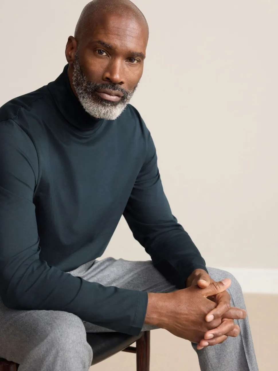 Navy Blue Signature SUPIMA® Cotton Long Sleeve Roll Neck T-Shirt