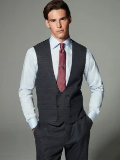 Navy Blue Skinny Fit Trimmed Check Suit Waistcoat
