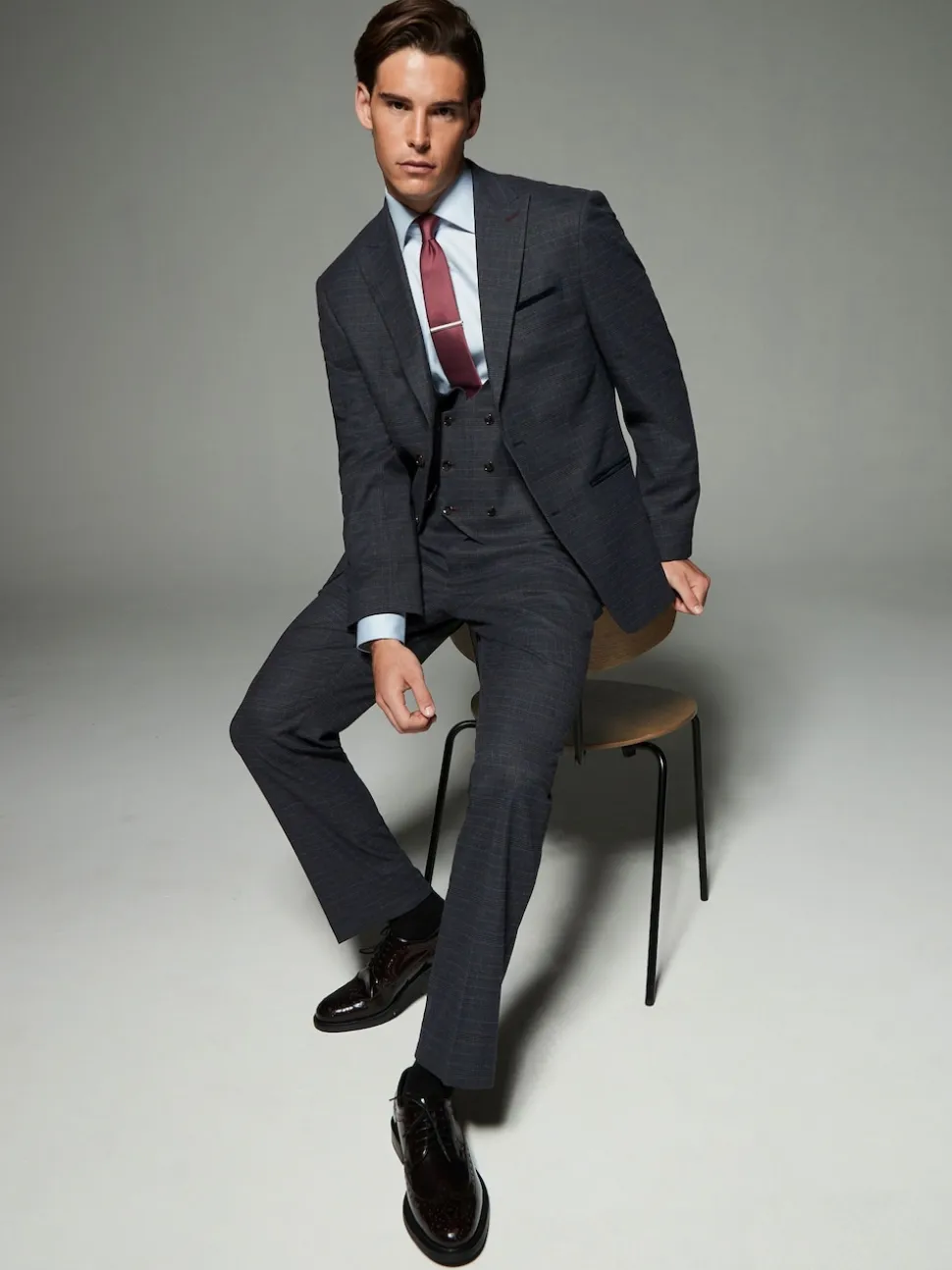 Navy Blue Skinny Fit Trimmed Check Suit Waistcoat