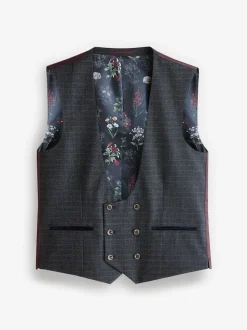 Navy Blue Skinny Fit Trimmed Check Suit Waistcoat