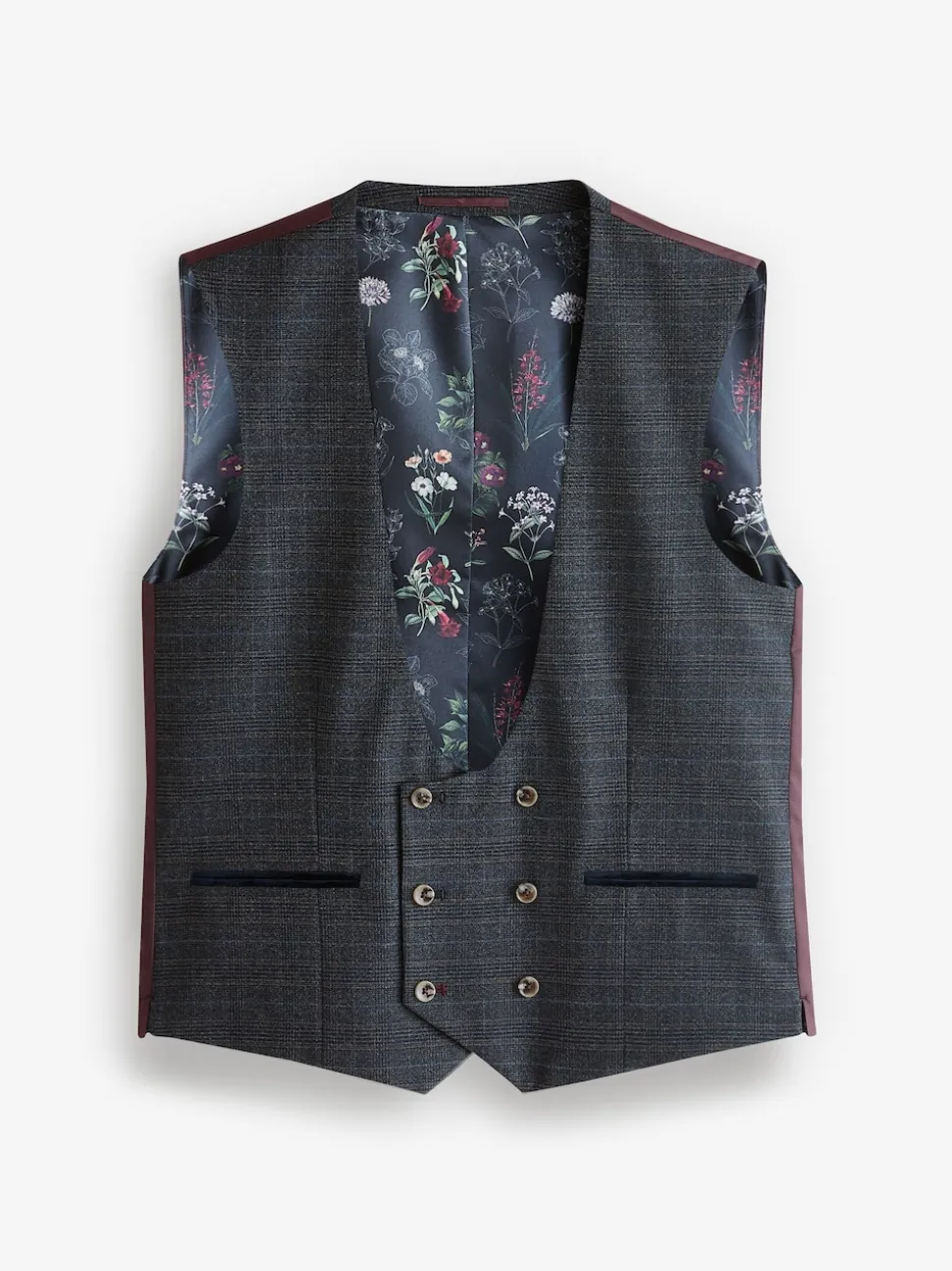 Navy Blue Skinny Fit Trimmed Check Suit Waistcoat