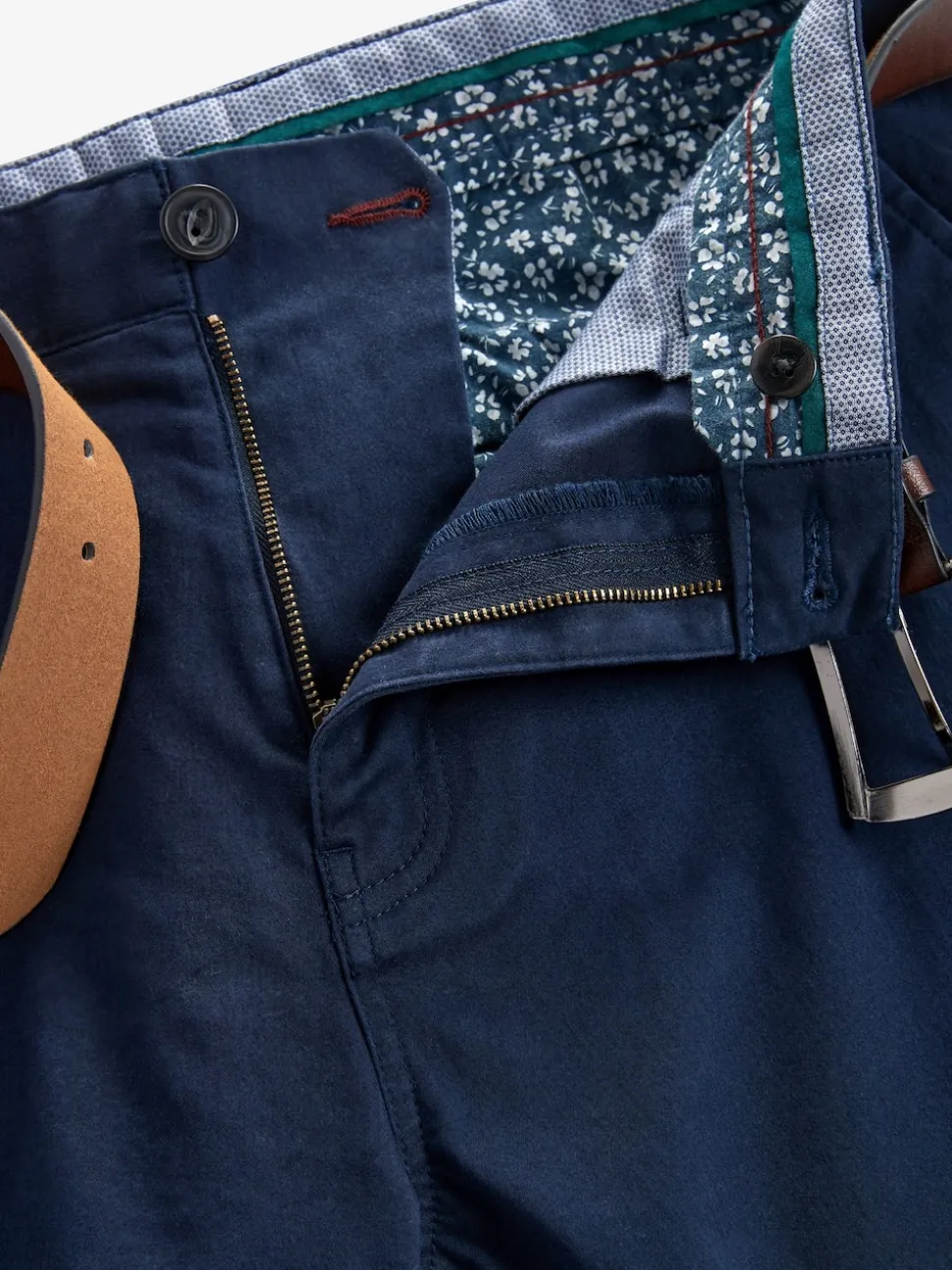 Navy Blue Slim Fit Belted Soft Touch Chino Trousers