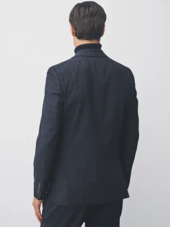 Navy Blue Slim Fit Check Suit Jacket