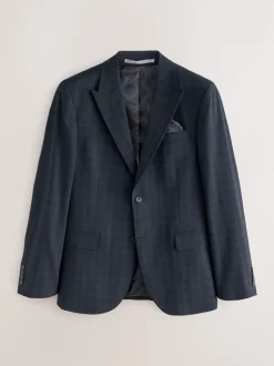 Navy Blue Slim Fit Check Suit Jacket