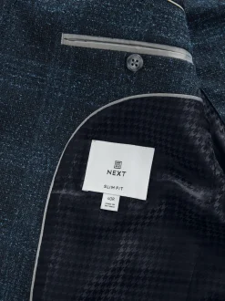 Navy Blue Slim Fit Check Suit Jacket