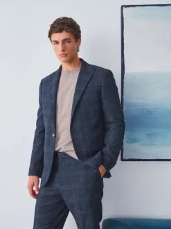 Navy Blue Slim Fit Check Suit Jacket
