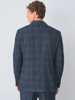 Navy Blue Slim Fit Check Suit Jacket