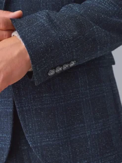 Navy Blue Slim Fit Check Suit Jacket