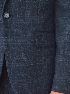 Navy Blue Slim Fit Check Suit Jacket