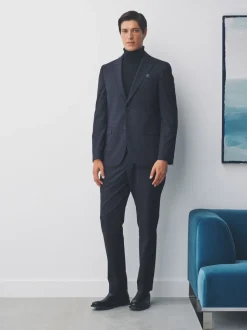 Navy Blue Slim Fit Check Suit Trousers
