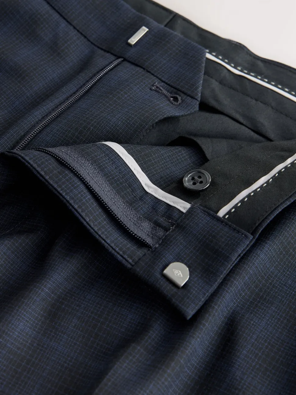 Navy Blue Slim Fit Check Suit Trousers