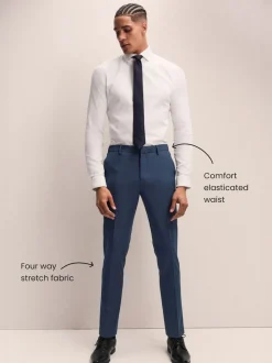 Navy Blue Slim Fit Elasticated Waist Motionflex Stretch Smart Trousers