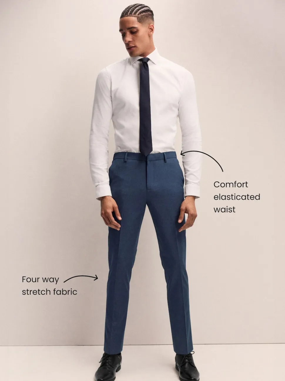 Navy Blue Slim Fit Elasticated Waist Motionflex Stretch Smart Trousers