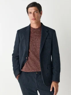 Navy Blue Slim Fit Herringbone Wool Blend Suit Jacket