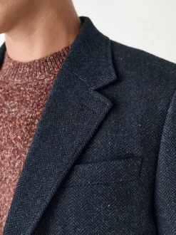 Navy Blue Slim Fit Herringbone Wool Blend Suit Jacket