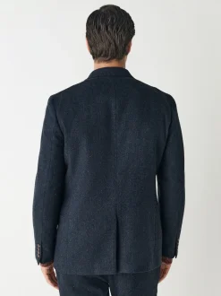 Navy Blue Slim Fit Herringbone Wool Blend Suit Jacket
