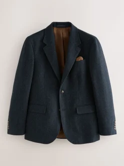 Navy Blue Slim Fit Herringbone Wool Blend Suit Jacket