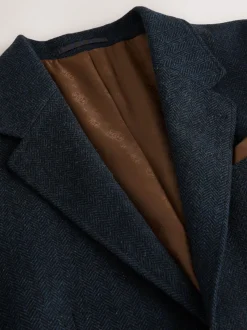 Navy Blue Slim Fit Herringbone Wool Blend Suit Jacket