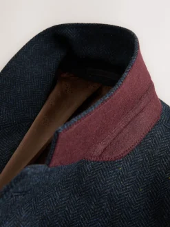 Navy Blue Slim Fit Herringbone Wool Blend Suit Jacket