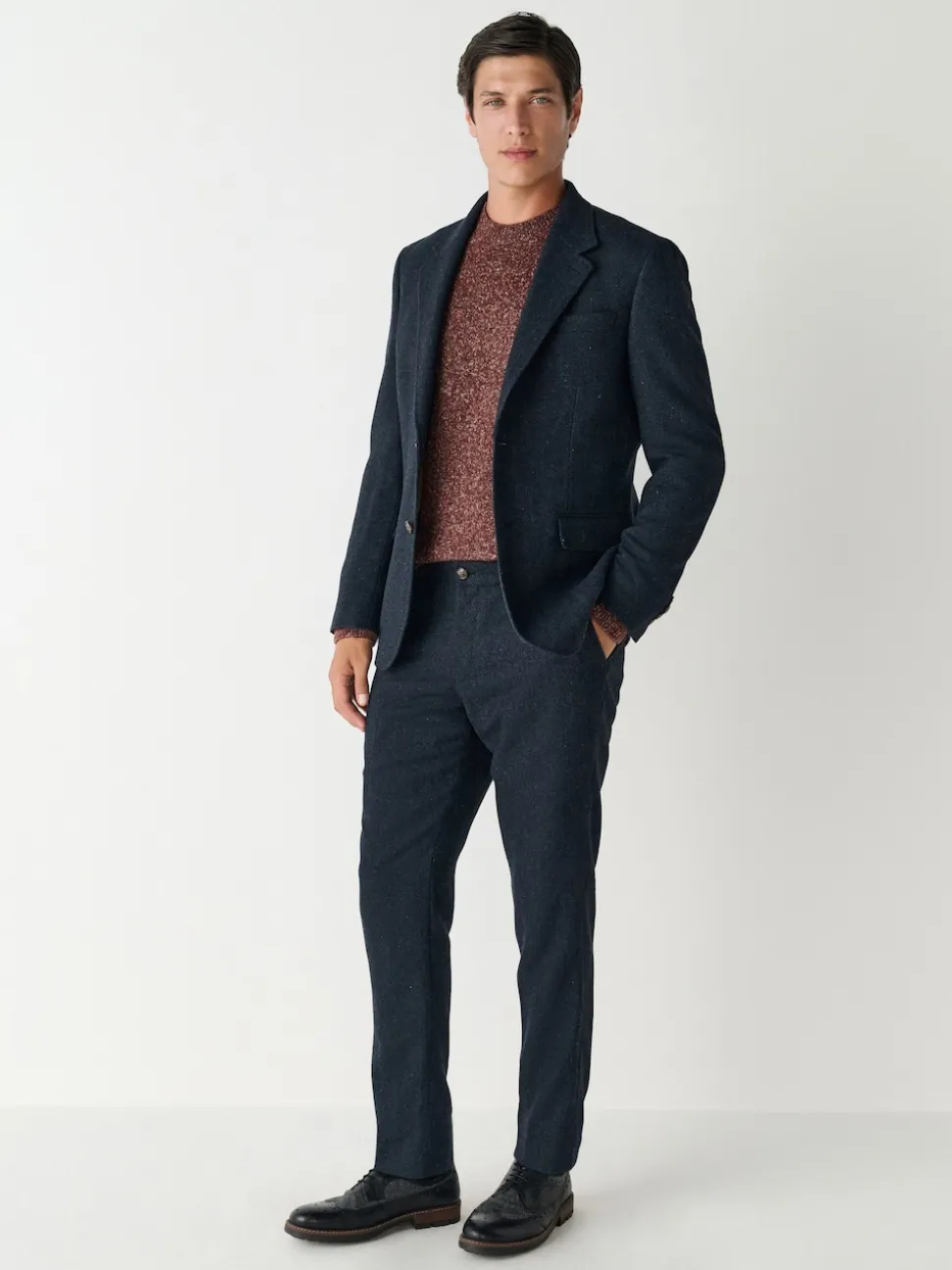 Navy Blue Slim Fit Herringbone Wool Blend Suit Trousers