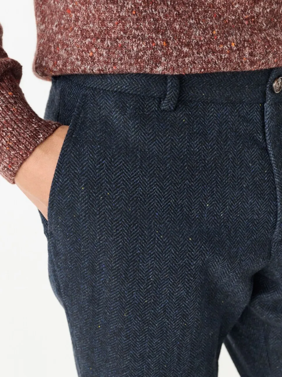 Navy Blue Slim Fit Herringbone Wool Blend Suit Trousers