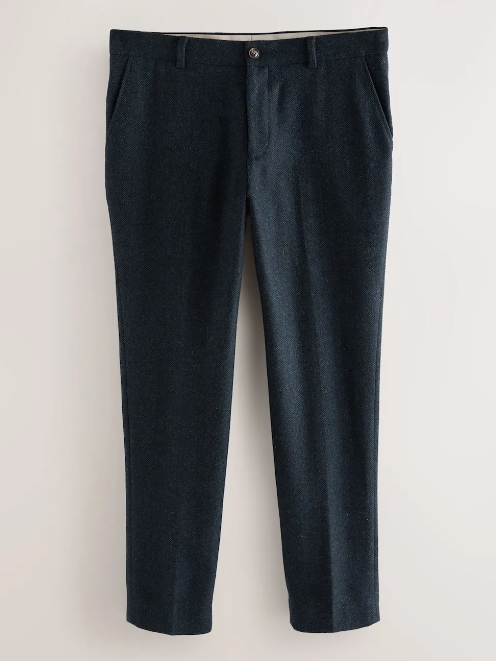 Navy Blue Slim Fit Herringbone Wool Blend Suit Trousers