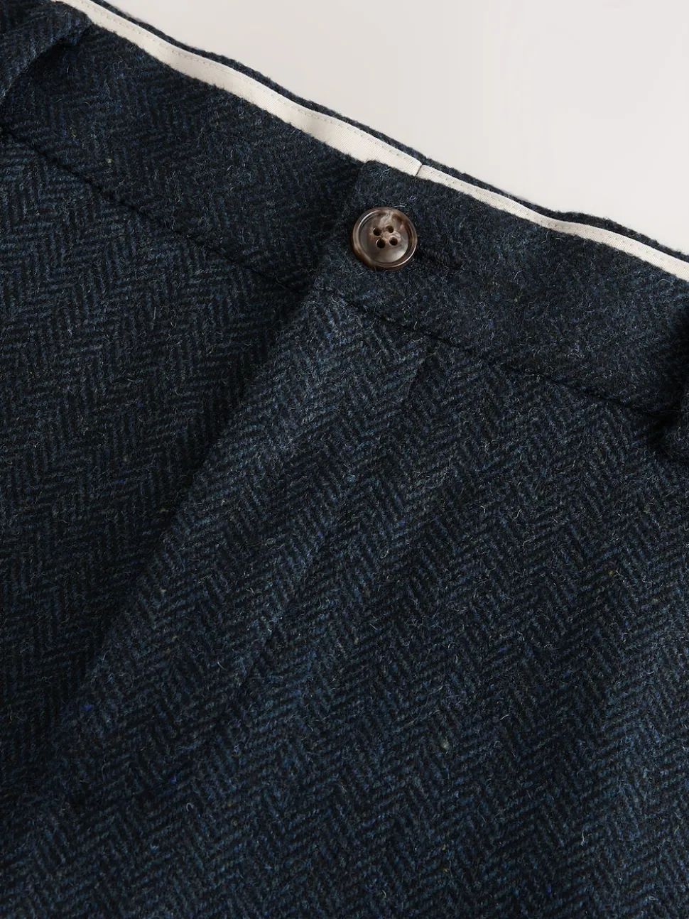 Navy Blue Slim Fit Herringbone Wool Blend Suit Trousers