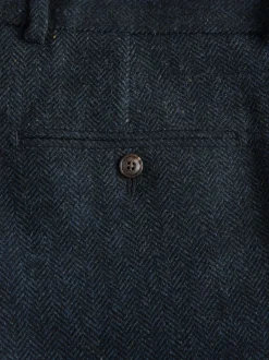 Navy Blue Slim Fit Herringbone Wool Blend Suit Trousers