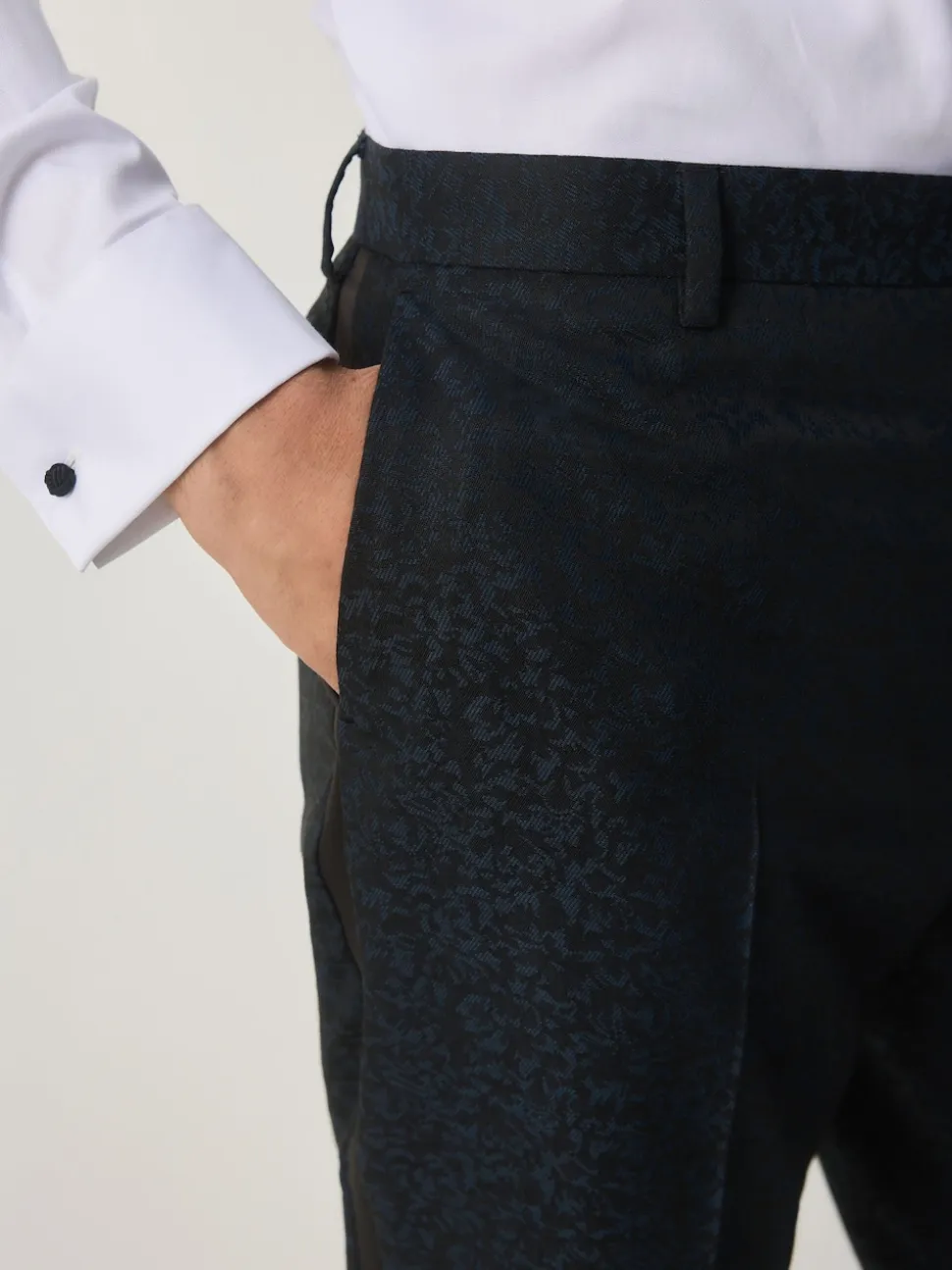 Navy Blue Slim Fit Jacquard Pattern Tuxedo Suit Trousers