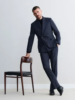 Navy Blue Slim Fit Signature Marzotto 100% Italian Wool Check Suit Trousers