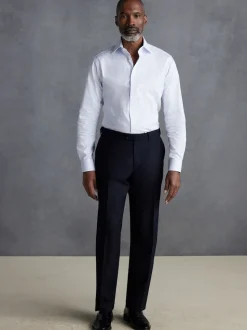 Navy Blue Slim Fit Signature 100% Wool Trousers With Motion Flex Waistband