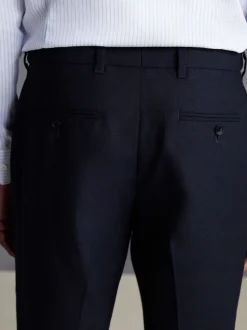 Navy Blue Slim Fit Signature 100% Wool Trousers With Motion Flex Waistband