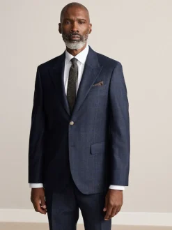 Navy Blue Slim Fit Signature Marzotto 100% Italian Wool Check Suit Jacket