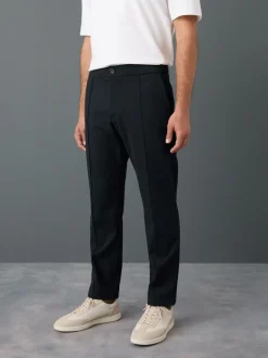 Navy Blue Slim Fit Smart Elasticated Waistband Trousers With Wool Content