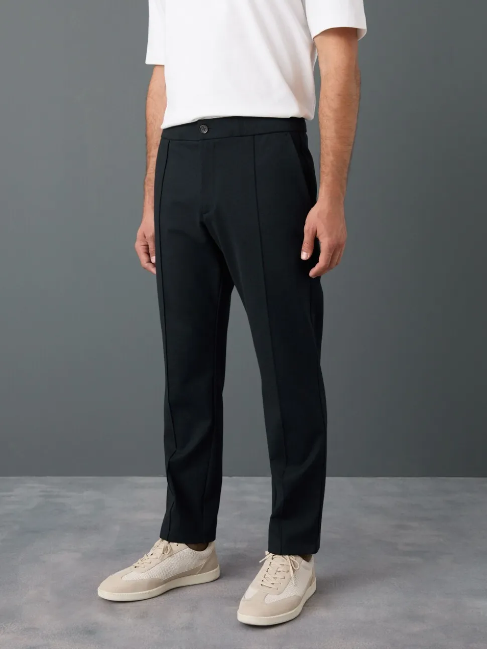 Navy Blue Slim Fit Smart Elasticated Waistband Trousers With Wool Content