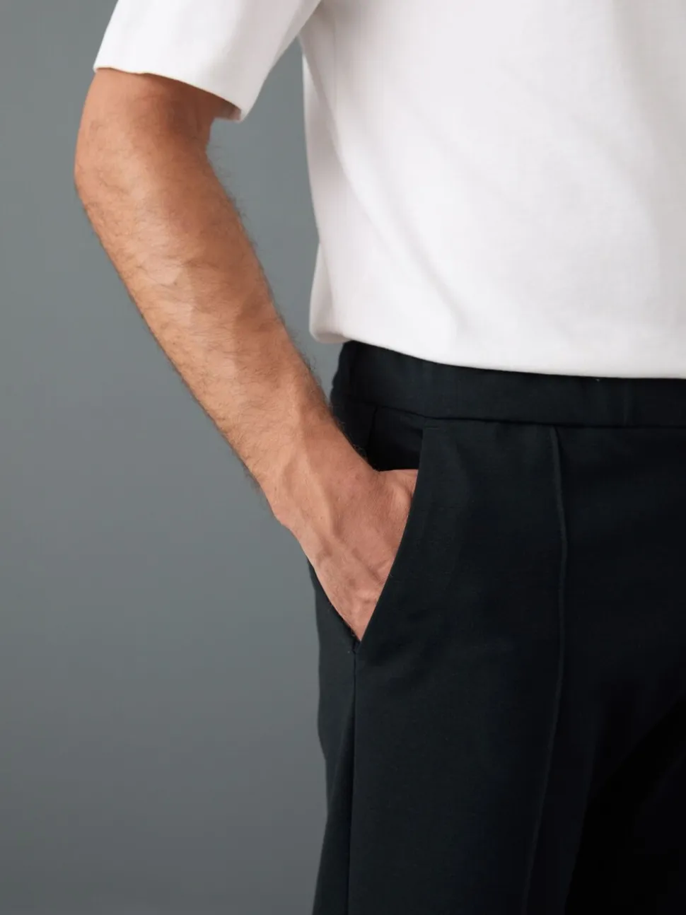 Navy Blue Slim Fit Smart Elasticated Waistband Trousers With Wool Content