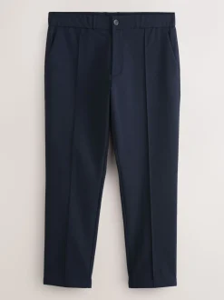 Navy Blue Slim Fit Smart Elasticated Waistband Trousers With Wool Content