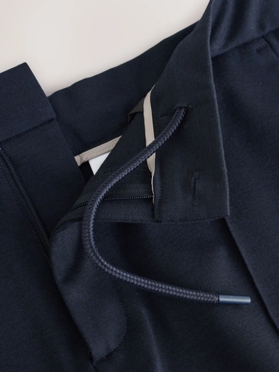 Navy Blue Slim Fit Smart Elasticated Waistband Trousers With Wool Content