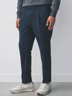 Navy Blue Slim Fit Smart Stretch Trousers With Internal Drawcord