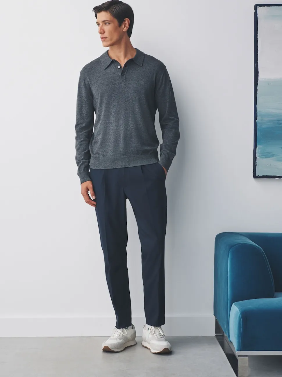 Navy Blue Slim Fit Smart Stretch Trousers With Internal Drawcord