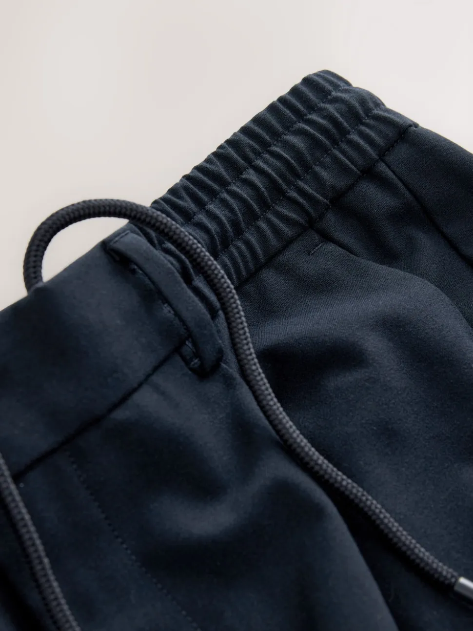 Navy Blue Slim Fit Smart Stretch Trousers With Internal Drawcord