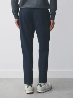 Navy Blue Slim Fit Smart Stretch Trousers With Internal Drawcord