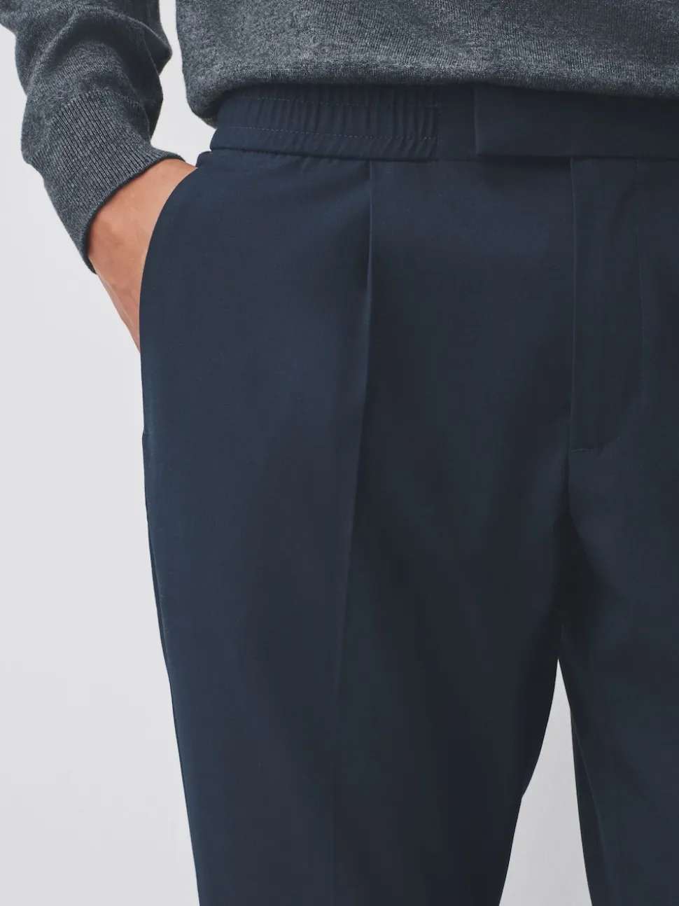 Navy Blue Slim Fit Smart Stretch Trousers With Internal Drawcord
