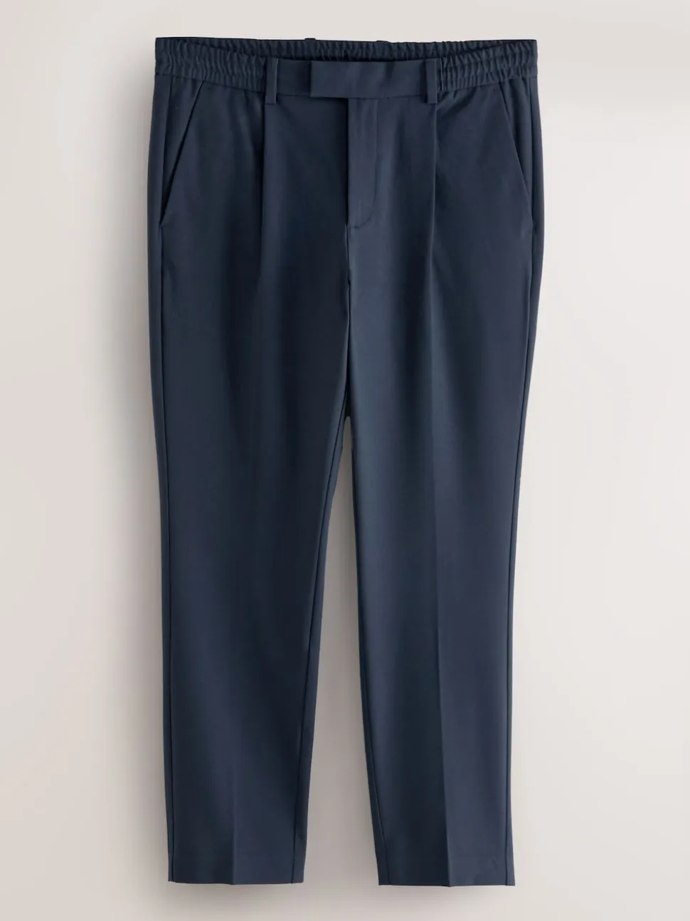 Navy Blue Slim Fit Smart Stretch Trousers With Internal Drawcord